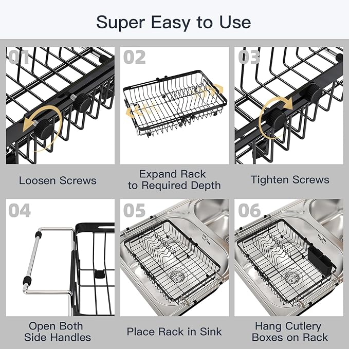 Small Expandable Over The Sink Dish Drying Rack Drainer In Stainless Steel Metal For Kitchen, Counter Space Saving Compact Above Plate Dryer Strainer, Adjustable Hanging Inside Sink Wire Drain Holder