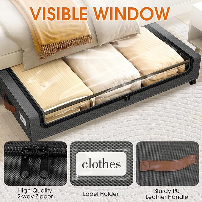 SpaceHacks Under Bed Storage with Wheels 3Pack Storage Containers with Clear Window&Label Under Bed Drawers Rolling Under Bed Storage for Clothes,Shoes, Blankets (30.71 x 16.93 x 6.69 in, Dark Grey)