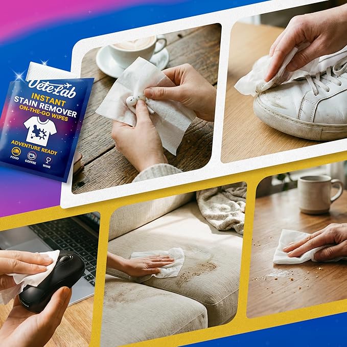Instant Stain Remover Wipes for Clothes - Individually Wrapped Travel Spot Cleaner, Pocket-Size Laundry Wipes for Coffee, Food & Makeup Stains, Safe on Machine Washable Fabrics (100 Pack)