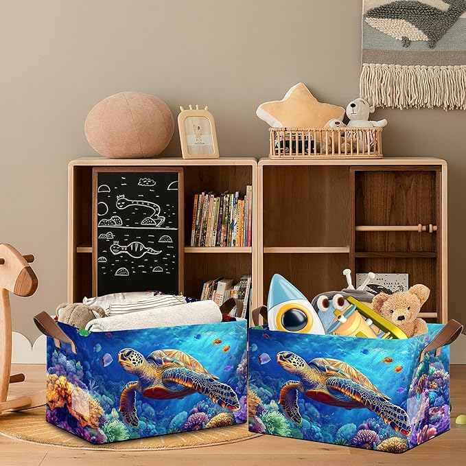 SeaTurtle Storage Basket with Handles,Ocean Coral Collapsible Rectangle Organizer Bin for Room Decoration Books Box Baskets 17x11.5x10Inch