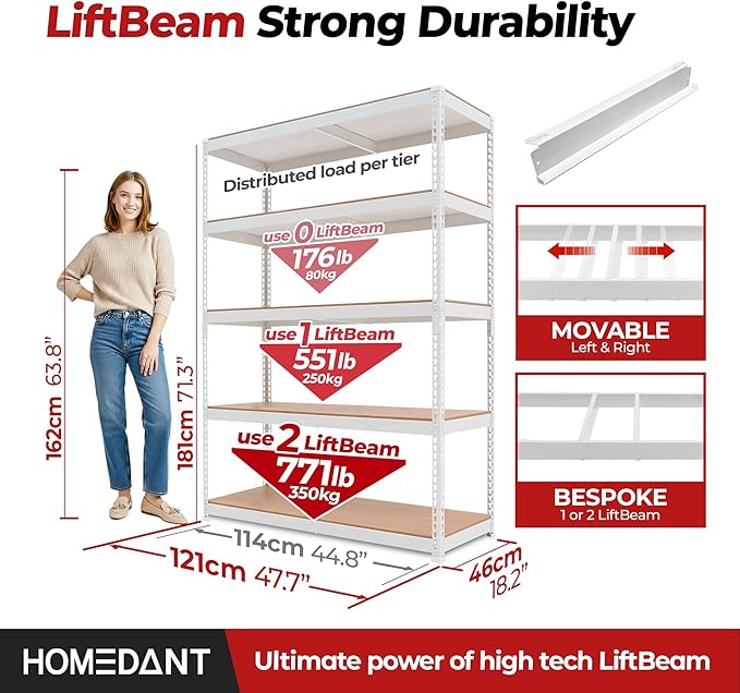 HOMEDANT 47.7" W 5 Tier Heavy Duty Garage Shelving Adjustable Metal Rack Storage Shelves Standing Shelf Unit Organizers Industrial Warehouse Basement White 1Pack