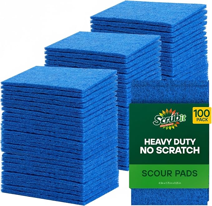 SCRUBIT Scouring Pad 100 Pack - Heavy Duty Scrub Pads for Cleaning Dishes - Non-Scratch Reusable Scrubbing - Blue (100)