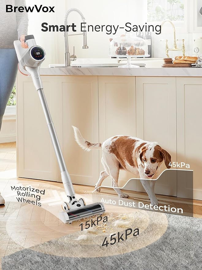 BrewVox Telescopic Cordless Stick Vacuum Cleaner for Home & Pet Hair, Smart Auto Detect, 2 Motorized Brushes, 6 Stage Filtration, 45kPa Powerful Suction, 550W Motor, 60 Min Runtime, Quick Rechargeable