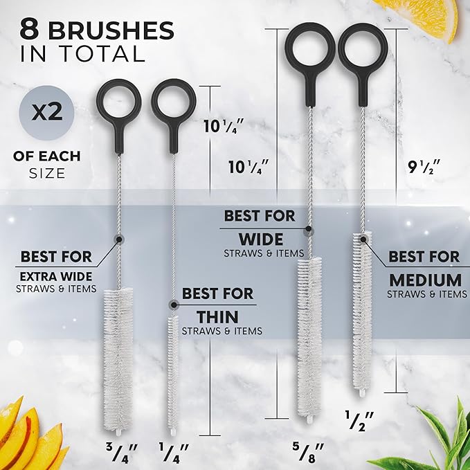 Heavy Duty Cleaning Brushes Set of 8 - Extra Long Straw Cleaners for Metal and Plastic Reusable Drinking Straws, to Clean Small Spaces, Sippy Cups, Water Bottles - Sturdy Hard Brush Bristles