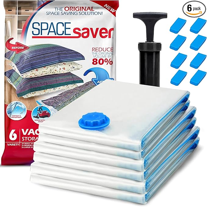 6 Pack Variety Vacuum Storage Bags for Comforters, Blankets & Clothes – Vacuum Sealed Compression Bags with Hand Pump – Space Saver Storage Bags for Bedding,Moving, Travel & Organization (2S, 2M & 2L)