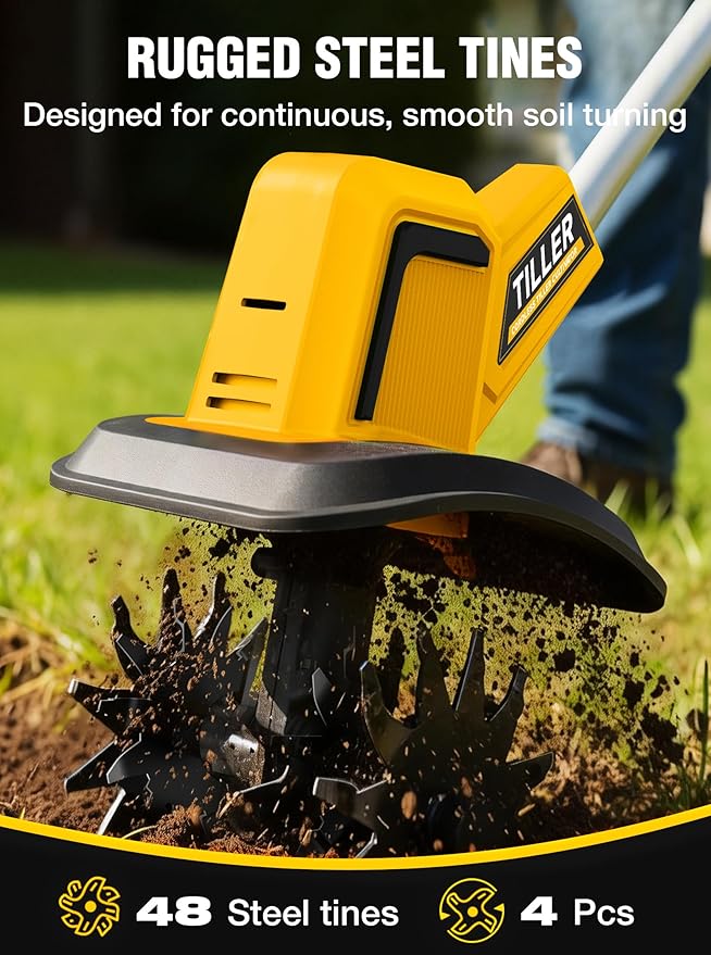 21V Cordless Tiller Cultivator, 400RPM Electric Rototiller with 48 Steel Tines, 4.0Ah Battery Powered Garden Tiller with 8-inch Width and 6-inch Depth, Tiller for Gardening and Soil - Yellow