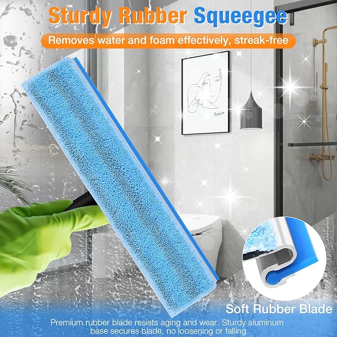 13.8" Window Squeegee for Glass Window Cleaning,All-Purpose Shower Squeegee with Microfiber Scrubber for Bathroom,Shower Glass Door,Mirror,Tile Wall, Car Windshield,Household Window Cleaner Tool,Bule