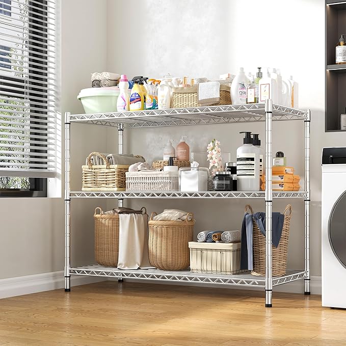 3- Shelf Metal Shelving Unit 35.6Wx14Dx36H,Adjustable Storage Shelves Heavy Duty Garage Steel Shelving for Office,Wire Rack Small Shelf for Kitchen Shelves Laundry Bathroom Pantry Closet,Chrome,2pc