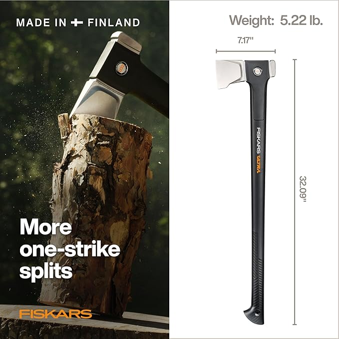 Fiskars Ultra Splitting Axe U32, Precision-Ground RazorEdge Double-Hardened Steel Blade Stays Sharp, Perfected Weight Balance & FiberComp Shaft for Large Log Splitting & Firewood, 32", Black