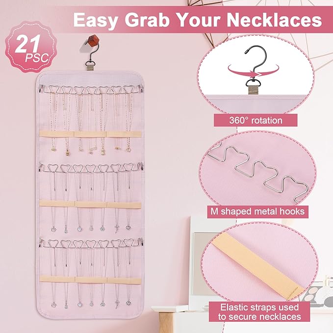 Dynoro Double-Sided Hanging Jewelry Organizer, Large Pink Storage Roll for Earrings, Necklaces, Rings, 48 Pockets 21 Hooks, Durable Oxford Fabric for Closet, Wall, Door, 1 piece, Jewelry Not Included