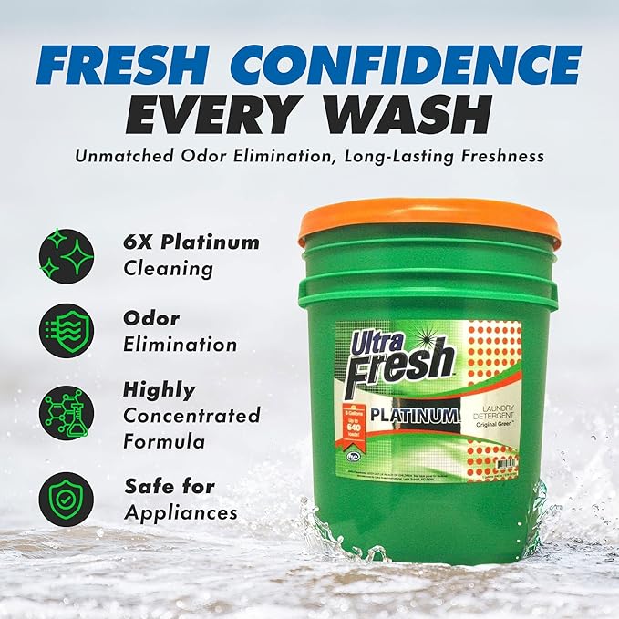 Ultra Fresh 3X Platinum 5 Gallon Laundry Detergent Liquid for All Machine Types with Easy Dispensing Pump, Up to 640 Loads, Original Green (5 Pack)