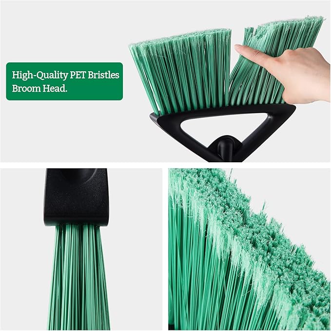 Eyliden Broom, Angle Broom with 57" Long Handle, PET Bristles - Fit Heavy-Duty Cleaning, Also Works Well Fine Dust - Commercial Outdoor Indoor Sweeper for Courtyard Sidewalk Deck Kitchen Lobby, Green