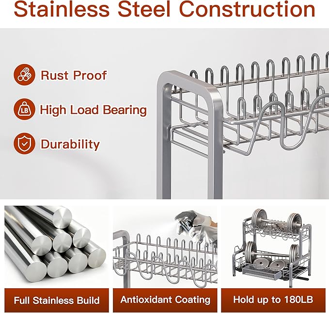 2 Tier Dish Drainer Drying Rack for Kitchen Counter Large Stainless Steel Dishes Drain with Drainboard Set, Space Saving, Big Modern Black Countertop Metal Plate Dryer Strainer Holder and Extra Tray