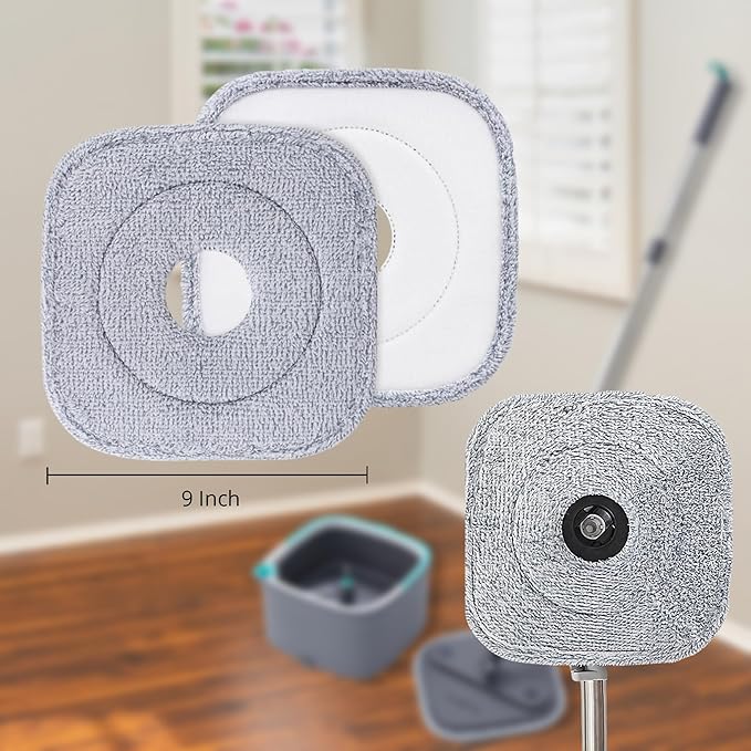 True & Tidy® 2-Pack 9 inch Extra Thick Microfiber Pad Refill for SPIN-800 TrueClean Mop & Bucket Square, Compatible with M16 and Most Square Spin Mop and Bucket, Machine Washable up to 100x
