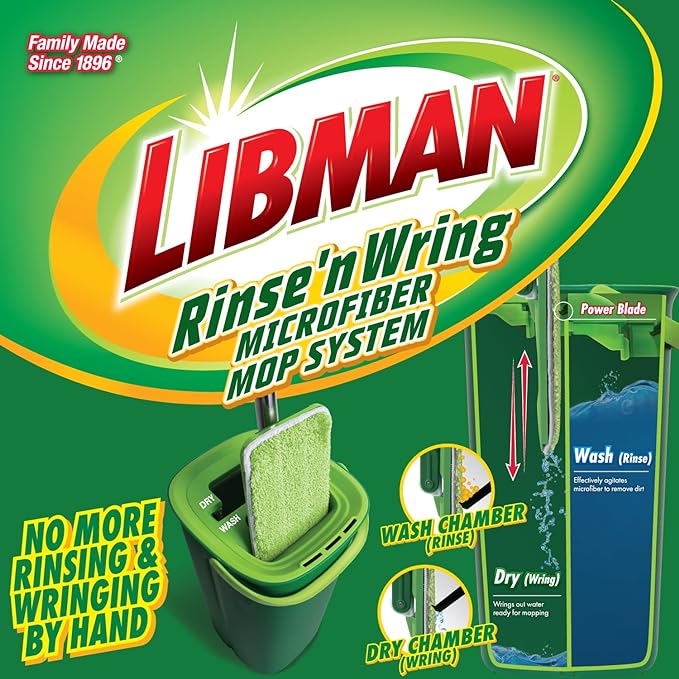 Libman Rinse 'n Wring Mop and Bucket System | Microfiber Floor Mop | Hardwood Floor Cleaner | Wet & Dry Mop | Clean & Dirty Water Chambers | Power Blades | 5 Total Microfiber Pads