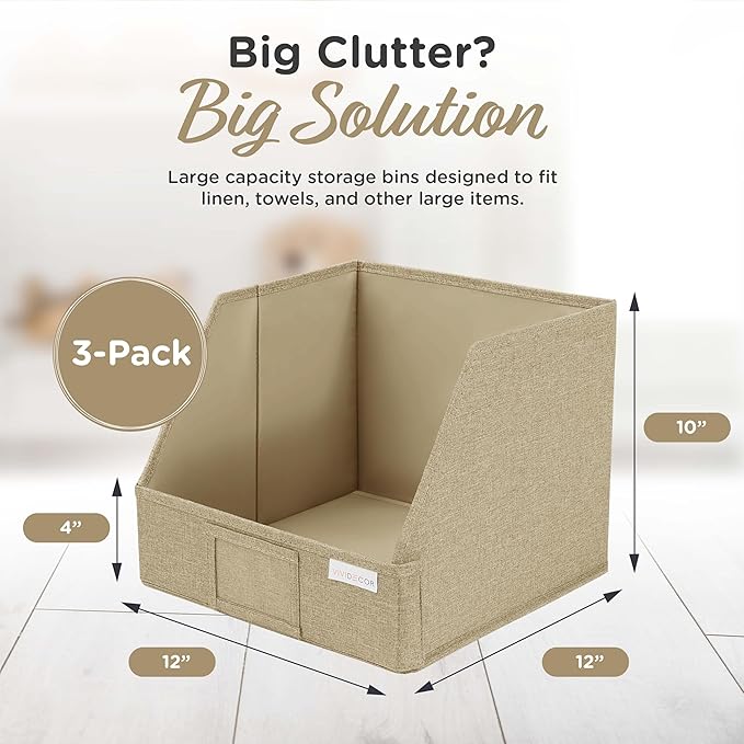 Storage Cubes – 12x12x10 Fabric Baskets for Organizing, Storage Baskets for Shelves, Front Opening Fabric Bins, Closet Organizer Bins for Clothes, Towels, Sweaters, Linen – Brown, 3 Pack