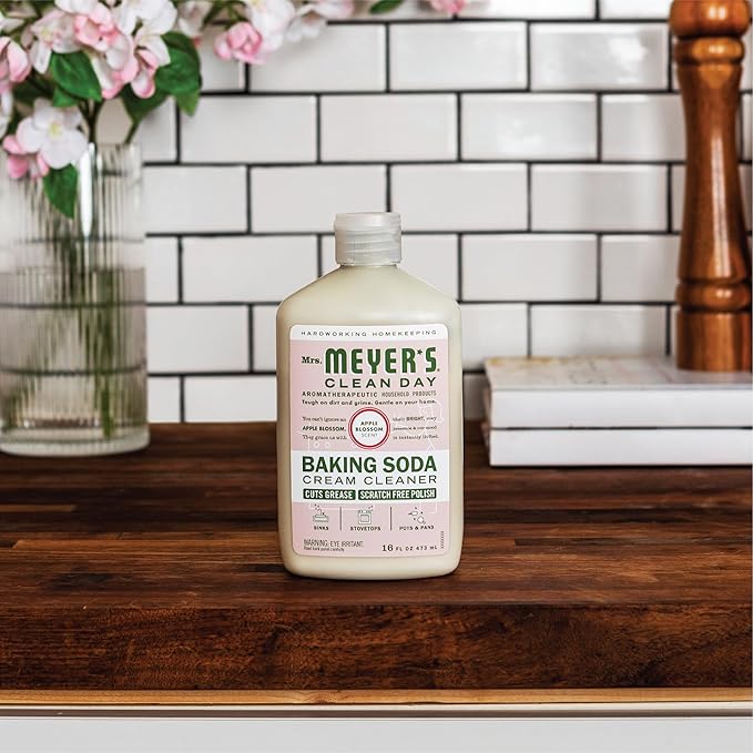 MRS. MEYER'S CLEAN DAY Baking Soda Cream Cleaner, Cuts Grease, Scratch-Free Polish, Plant-Derived Cleaning Ingredients, Apple Blossom, 16 Fl Oz, Pack of 2