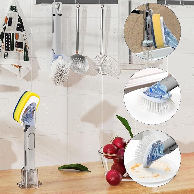 Dish Brush with Soap Dispenser Storage Set with 2 PCS Brush Refills & Holder, Dish Scrubber with Soap Dispenser, Dish Soap Brush, Dish Wand with Soap Dispenser for Dishes, Pans, Sink, Pots(Gray)