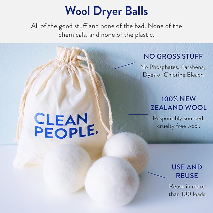 The Clean People 100% New Zealand Wool Dryer Balls - 6 Pack - for Laundry, Fabric Softening, Anti Static, No Lint, Odorless and Reusable