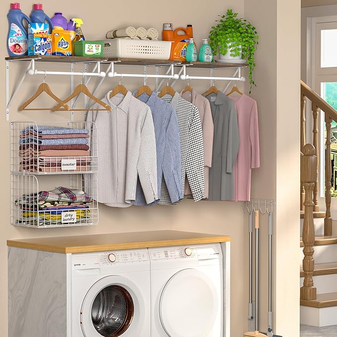 DAOUTIME 2 Set Laundry Room Wall Mounted Shelves With Wire Storage Baskets, Over Washer and Dryer With Hanging Rods and Hooks, for Organization and Storage, White, Wooden