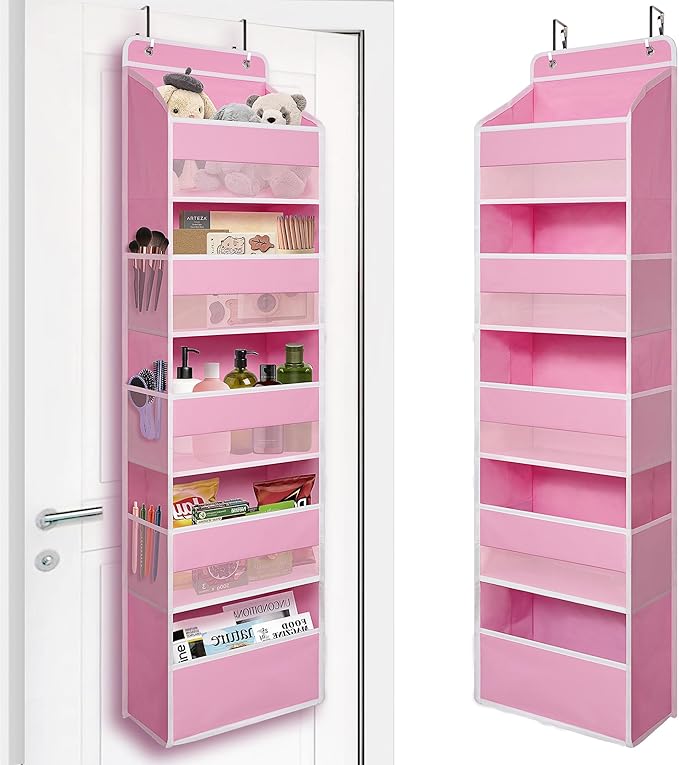 TYMENSH Over Door Organizer with 5 Large Pockets, Heavy Duty Hanging Organizer Storage, Closet Bathroom Nursery Bedroom Dorm, Toys Cosmetics Sundries and Baby Essentials, Pink