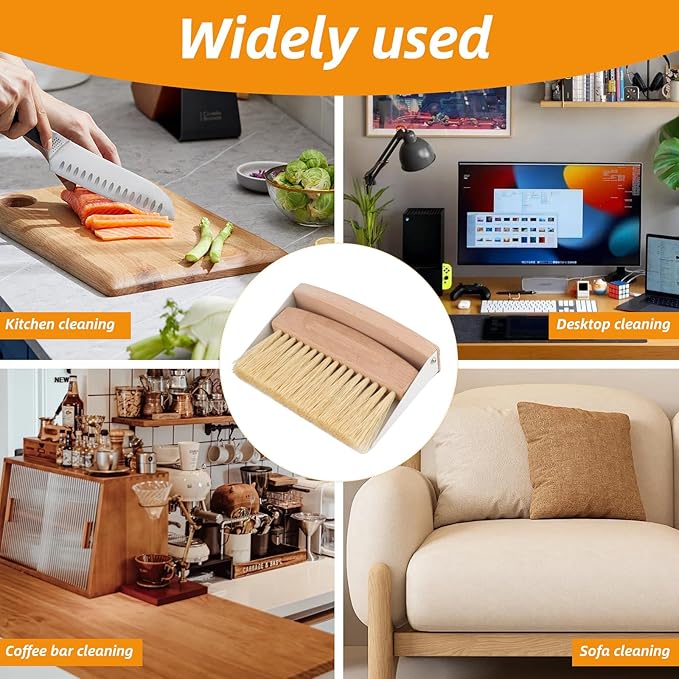 Small Dustpan and Brush Set with Wooden Handle,Mini Metal Crumb Sweeper for Countertops,Desk,Pet Hair,Car,Portable Cleaning Tools for Kitchen,Camping,Sofa (White)