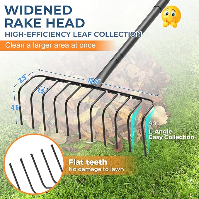 56" Rake with Oversize L-Head - Lightweight Tool for Effortless Collecting Cleaning - Sturdy Design for Dethatching, Landscaping, Lawn, Yard, Bushes, Pine Needles, Hay, Leaves, Mulch, Grass