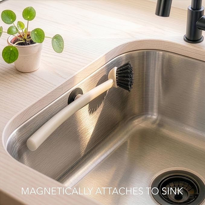 Earth & Mango Magnetic Dish Brush & Scraper, Snaps to Sink, Non-Scratch, Dishwasher Safe, Dish Scrubber – Warm Sand Beige