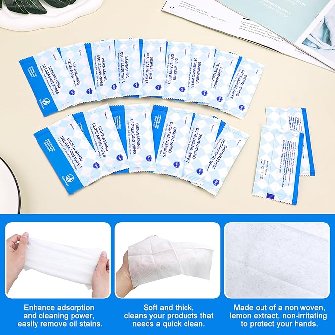 200 Pcs Dish Wipes, Individually Wrapped, Lemon Scent, Non Woven Fabric, Quick Clean, Kitchen, Outdoor, Travel, Camping