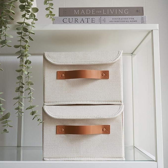 Decorative Linen Storage Boxes with Lids - Spacious Set of 2 Organizer Bins for Your Home Decor - The Perfect Small Container to Safely Store Photos, Documents and Memory Box Keepsakes in Style