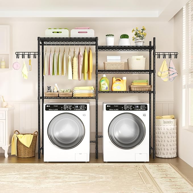 Ulif 65.3" W x 13.4" D x 77.5" H Clothes Drying Rack, 5 Tiers Over Washer and Dryer Laundry Room Storage and Organizer, Heavy-Duty Space Saver, Black