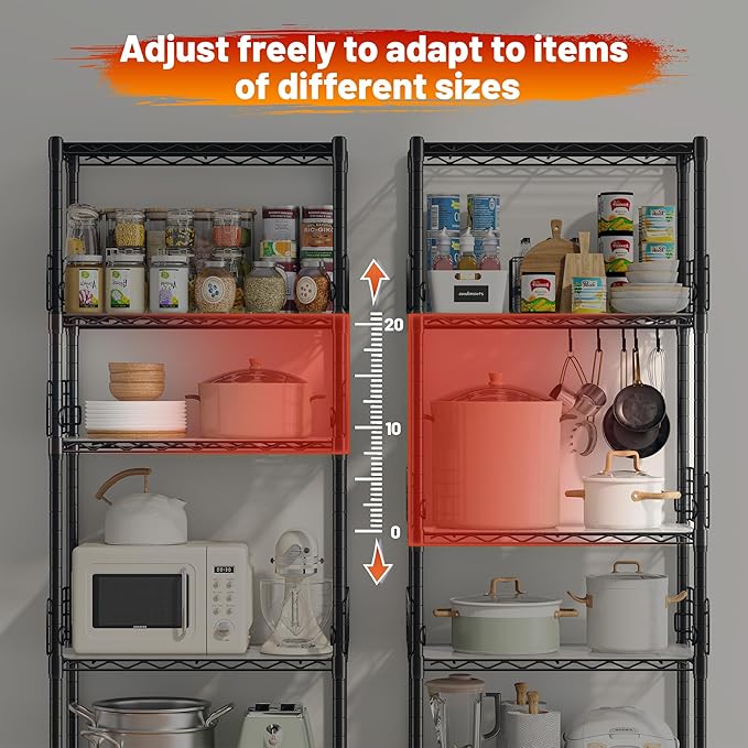 5 Tier Metal Shelving Unit Pantry Storage Shelves with Side Blockers Adjustable Metal Wire Shelf with Hooks & Shelf Linker Standing Storage Rack for Kitchen Pantry Bathroom Closet,13.8"Dx21.7"Wx59.1"H