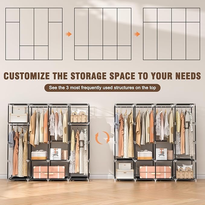 Neatrays Wardrobe Closet, 66 Inch Portable Closet for Hanging Clothes, Large Capacity Clothes Rack Organizer with Cover & 4 Hanging Rods & 8 Storage Shelves & 2 Side Pockets (Black)