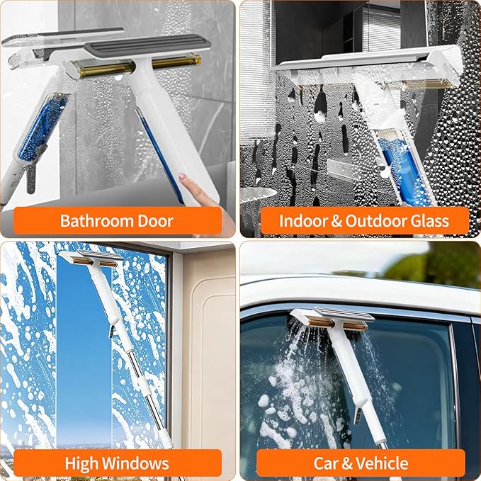 4 in 1 Window Squeegee with Water Tank,Window Cleaner Tool with Remote Control Water Spray,16'' to 72'' Adjustable Extension Pole,Wastewater Tray,Sponge Window Squeegee for Shower Glass Car Window