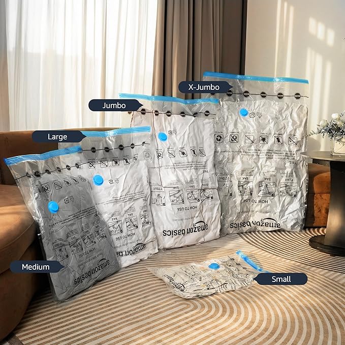 Amazon Basics Vacuum Storage Bags with Hand Pump for Travel, Space Saving Compression Bags for Clothes, Clothing, Blankets and Duvets, Clear, 20 Pack (5 Small, 5 Medium, 5 Large & 5 Jumbo)