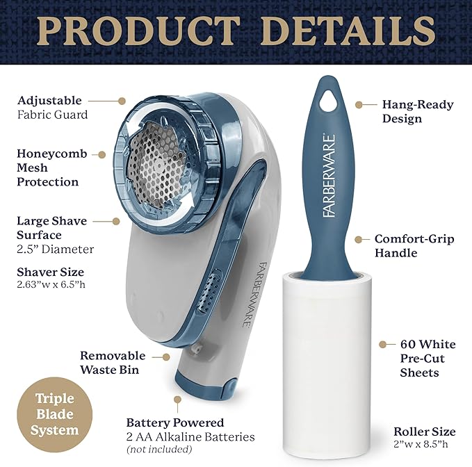 Farberware Fabric Shaver & Lint Remover Set–Battery Operated Sweater Shaver with Triple Blades and Extra Sticky Roller for Pet Hair, Fuzz & Pilling on Clothes, Upholstery & Bedding (Gray/Blue, Large)