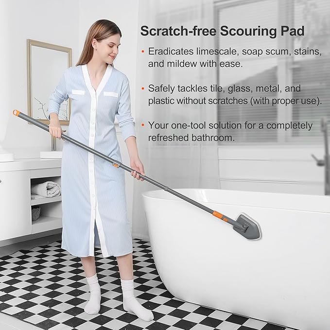 Tile Tub Scrubber Brush with 3 Different Function Cleaning Heads and 56" Extendable Long Handle-No Scratch Shower Scrubber for Cleaning Bathroom Kitchen Toilet Wall,Bathtub,Sink,Grey