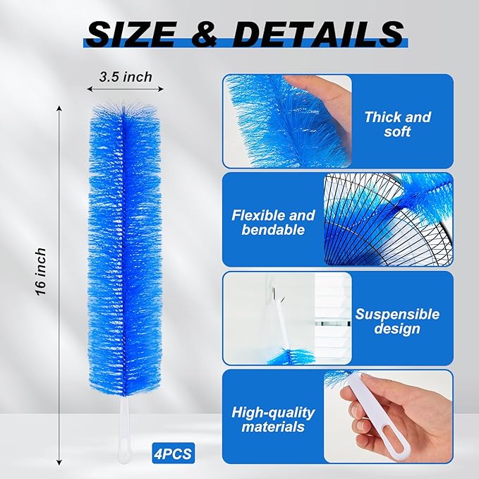 Sliner 4 Pcs Fan Cleaning Brush Bendable Fan Duster Cleaner Reusable Cobweb Duster Microfiber Head Dirt Remover for Ceiling Fans Blades, Air Vents, Curtains, Cars, Shutters (Blue)