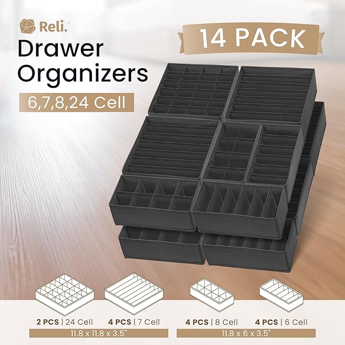 Reli. Sock Organizer (14 Pack) | 132 Cell Underwear Organizer | Drawer Dividers for Underwear, Sock, Tie, Bras, Clothing, Baby Clothes | Foldable Fabric Storage Bins for Drawer, Closet, Dresser (Gray)