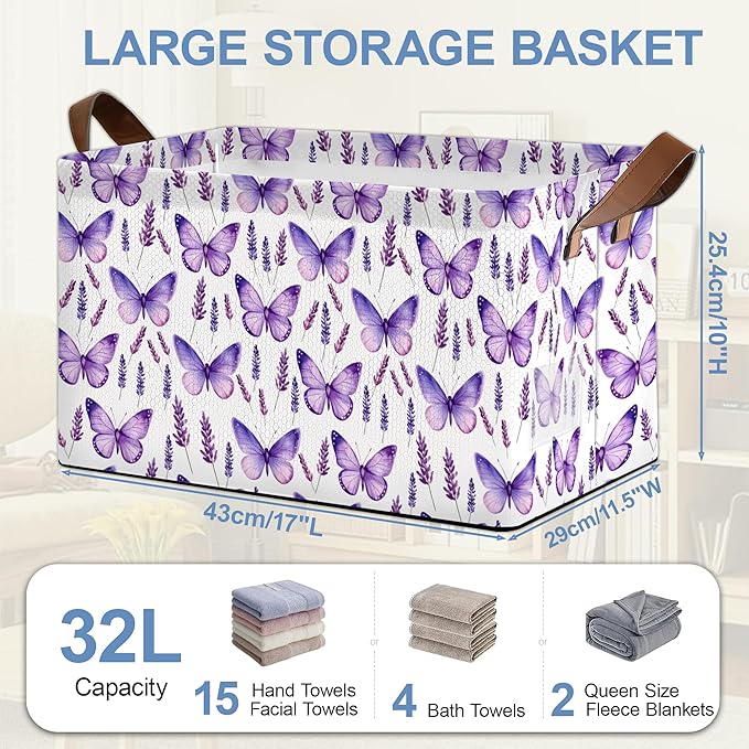 Lavender Storage Baskets,Purple Butterfly Foldable Organizer Bin with Handles for Home Living Room Bedroom Closet Box 17x11.5x10Inch