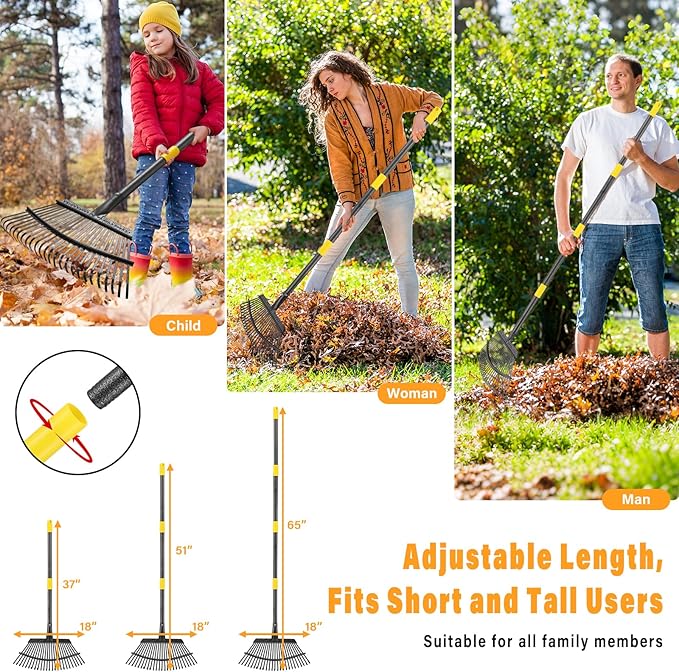 Rake for Leaves - 25 Tines Heavy Duty Metal Rake Set with Leaf Scoops & Collector Bag, Adjustable Rakes for Lawns, 3-in-1 Leaf Collection Tool for Efficient Yard Pine Needle Grass Cleanup 5FT