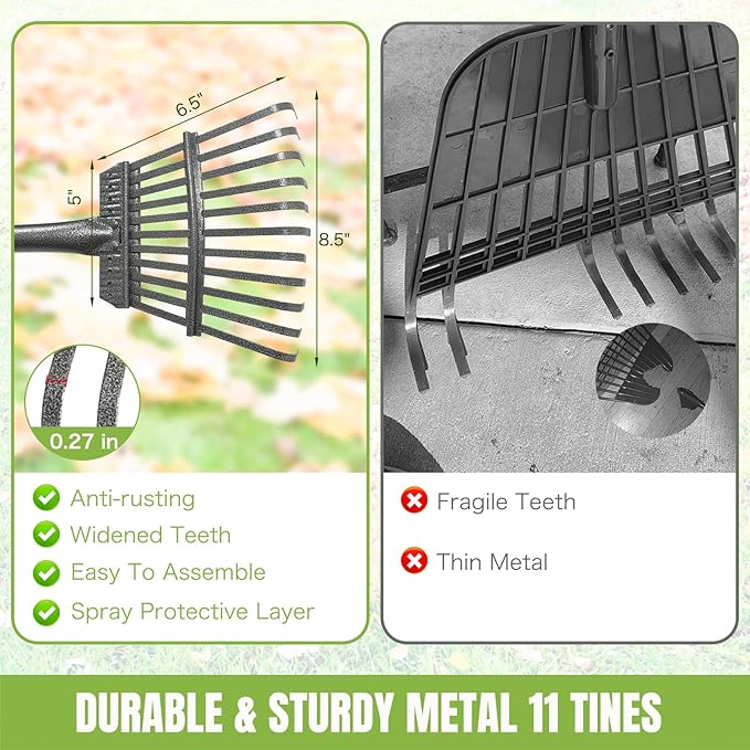 Joyhalo Small Rakes for Leaves, 8.5 Inch Wide Head Leaf Rake with 11 Tines, Metal Garden Rakes with Adjustable Handle from 38.5 to 65 Inch for Gardening, Clippings, Gathering Leaves, Weeds, Debris