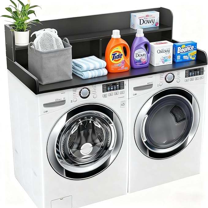 2-Tier Washer and Dryer Countertop, 54" W x 27.6" D Laundry Room Organization,Washer Dryer Topper Storage for Folding Clothes Over Washer and Dryer-Black