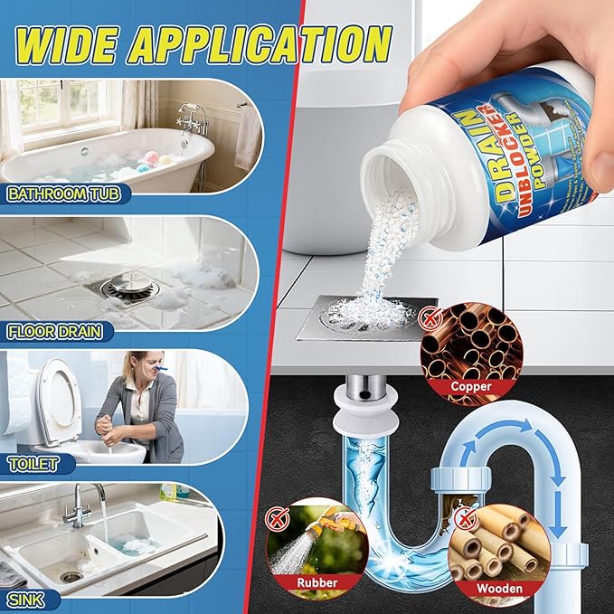 Drain Cleaner Powder, Powerful Drain Clog Remover, Sink and Drains cleaner to Dissolve Clogs, Drains Opener Removes Hair, Grease, Soap Scum and Food Residue, Safe for Pipes and Septic Systems