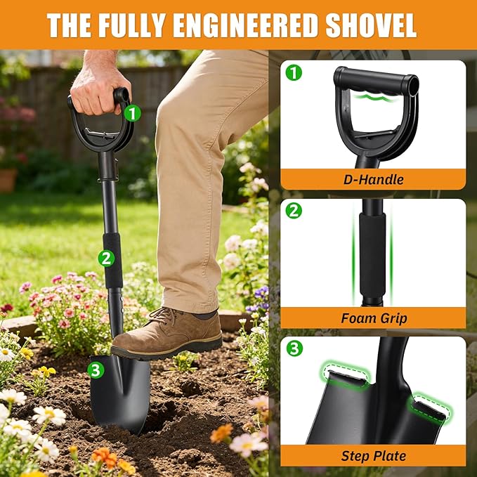 Garden Shovels for Digging, 31 Inch Small Shovel, Heavy Duty Metal Digging Shovel with D-Handle Grip, Short Kids Shovels for Digging, Mini Spade Shovel for Gardening, Camping, Beach, Car, Snow Removal