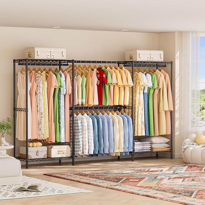 SINGAYE Clothes Rack Portable Closet Coat Wardrobe Heavy Duty Clothing Racks System Organizers and Storage for Hanging Clothes Garment Rack Adjustable with Shelves 15.8" D*(77-88) W*76.5" H Black
