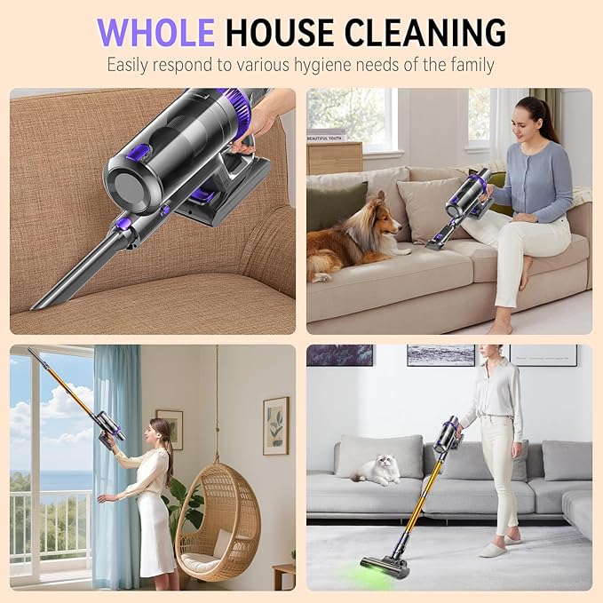 Cordless Vacuum Cleaner, 450W 48KPA 60Mins Vacuum Cleaners for Home,Anti-tangle Wireless Vacumm,Rechargeable Vacuum With Green Light,Powerful Stick Vacuum for Carpet/Hardwood Floors,Pet Hair,Purple