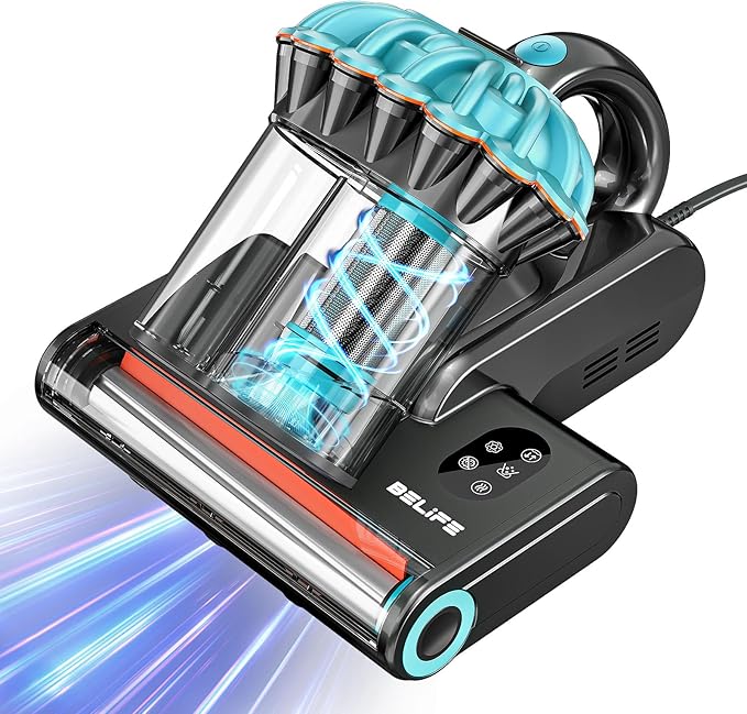 Belife M8 Mattress Vacuum Cleaner, Anti-allergen Bed Vacuum Cleaner with UV & Hot Air & High Heating, 550W 18Kpa Powerful Suction Double-Cup Handheld Vacuum for Bed, Couch, Sofa, Corded (Blue)