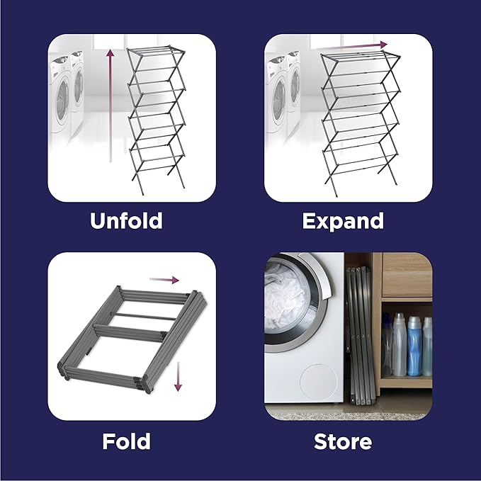 BLACK+DECKER 4-Tier Expandable Collapsible Clothes Drying Rack, Telescopic Height, Foldable Space-Saving Laundry Air Dryer for Towels, Shirts & Delicates – Durable Steel, No Tools Needed
