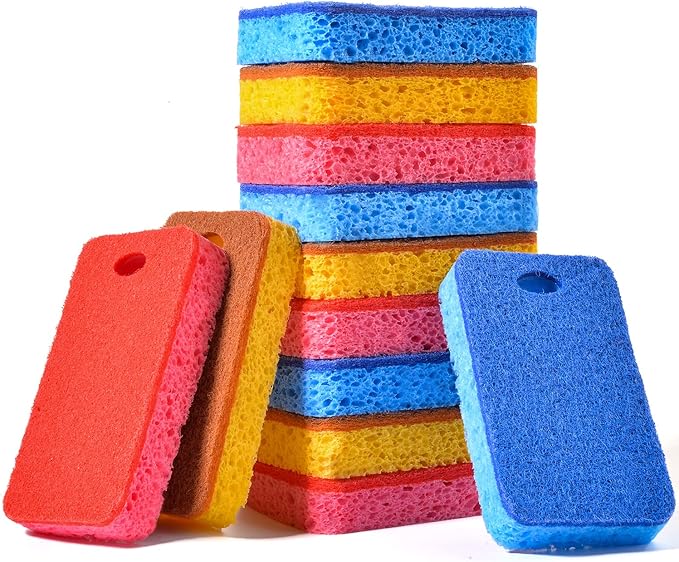 METUUTER 12-Count Scrub Sponges Kitchen Sponge Heavy Duty, Cellulose Sponges with Scouring Pads Dual-Sided for Kitchen and Household Use (Square-Multi)
